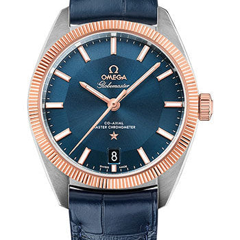 Omega Constellation Globemaster Co-Axial Master Chronometer Watch - 39 mm Steel And Sedna Gold Case - Sedna Gold Fluted Bezel - Blue Dial - Blue Leather Strap - 130.23.39.21.03.001