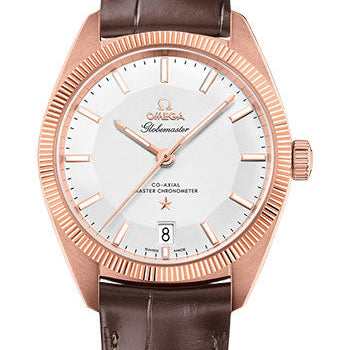 Omega Constellation Globemaster Co-Axial Master Chronometer Watch - 39 mm Sedna Gold Case - Fluted Bezel - Silvery Dial - Brown Leather Strap - 130.53.39.21.02.001