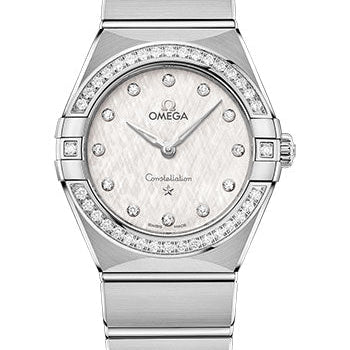 Omega Constellation Manhattan Quartz Watch - 28 mm Steel Case - Diamond-Paved Bezel - White Silvery Dial - 131.15.28.60.52.001