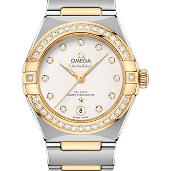 Omega Constellation Manhattan Co-Axial Master Chronometer Watch - 29 mm Steel And Yellow Gold Case - Diamond-Paved Bezel - Crystal White Slivery Diamond Dial - 131.25.29.20.52.002