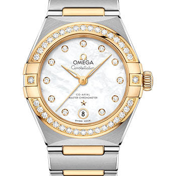 Omega Constellation Manhattan Co-Axial Master Chronometer Watch - 29 mm Steel And Yellow Gold Case - Diamond-Paved Bezel - Mother-Of-Pearl Diamond Dial - 131.25.29.20.55.002