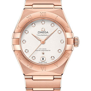 Omega Constellation Manhattan Co-Axial Master Chronometer Watch - 29 mm Sedna Gold Case - Crystal White Silvery Diamond Dial - 131.50.29.20.52.001