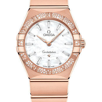 Omega Constellation Quartz - 28 mm Sedna Gold Case - Diamond Bezel - White Pearled Mother-Of-Pearl Diamond Dial - 131.55.28.60.55.003