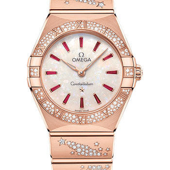 Omega Constellation Quartz - 28 mm Sedna Gold Case - Diamond Bezel - White Opal Ruby Dial - 131.55.28.60.99.003