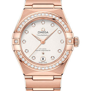 Omega Constellation Manhattan Co-Axial Master Chronometer Watch - 29 mm Sedna Gold Case - Diamond-Paved Bezel - Crystal White Silvery Diamond Dial - 131.55.29.20.52.001