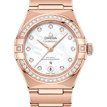 Omega Constellation Manhattan Co-Axial Master Chronometer Watch - 29 mm Sedna Gold Case - Diamond-Paved Bezel - Mother-Of-Pearl Diamond Dial - 131.55.29.20.55.001