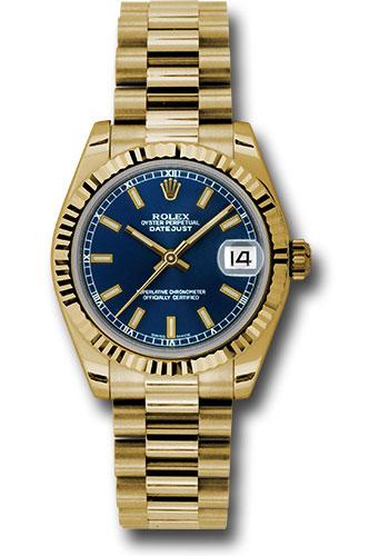 Rolex Yellow Gold Datejust 31 Watch Fluted Bezel Blue Index