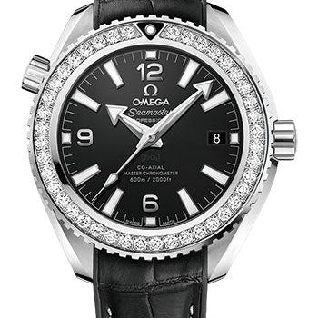 Omega Planet Ocean 600M Co-Axial Master Chronometer Watch - 39.5 mm Steel Case - Unidirectional Diamond Bezel - Black Dial - Black Leather Strap - 215.18.40.20.01.001