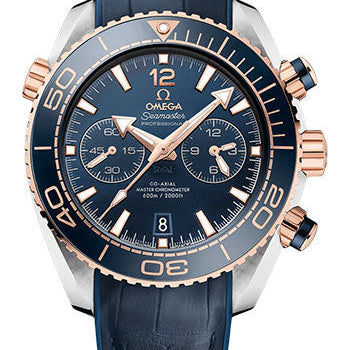 Omega Planet Ocean 600 M Omega Co-axial Master Chronometer Chronograph Watch - 45.5 mm Sedna Gold And Steel Case - Unidirectional Blue Ceramic Bezel - Blue Ceramic Dial - Blue Leather Strap - 215.23.46.51.03.001