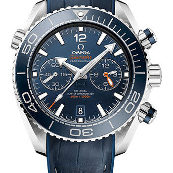 Omega Planet Ocean 600 M Omega Co-axial Master Chronometer Chronograph Watch - 45.5 mm Steel Case - Unidirectional Blue Ceramic Bezel - Blue Ceramic Dial - Blue Leather Strap - 215.33.46.51.03.001