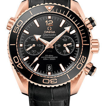 Omega Planet Ocean 600 M Omega Co-axial Master Chronometer Chronograph Watch - 45.5 mm Sedna Gold Case - Unidirectional Black Ceramic Bezel - Black Ceramic Dial - Black Leather Strap - 215.63.46.51.01.001