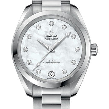 Omega Seamaster Aqua Terra 150M Co-Axial Master Chronometer Watch - 34 mm Steel Case - White Mother-Of-Pearl Diamond Dial - 220.10.34.20.55.001