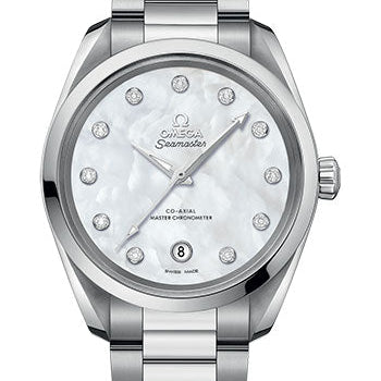 Omega Seamaster Aqua Terra 150M Co-Axial Master Chronometer Ladies Watch - 38 mm Steel Case - White Mother-Of-Pearl Diamond Dial - 220.10.38.20.55.001