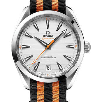 Omega Aqua Terra 150M Co-Axial Master Chronometer Golf Edition Watch - 41 mm Steel Case - Silvery Dial - Black And Orange Striped Nato Strap - 220.12.41.21.02.003