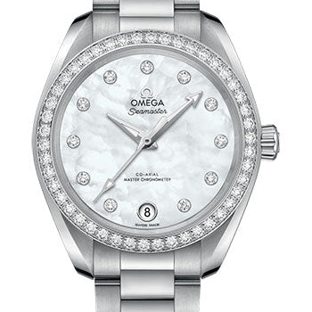 Omega Seamaster Aqua Terra 150M Co-Axial Master Chronometer Watch - 34 mm Steel Case - Diamond-Set Bezel - White Mother-Of-Pearl Diamond Dial - 220.15.34.20.55.001