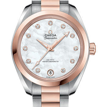 Omega Seamaster Aqua Terra 150M Co-Axial Master Chronometer Watch - 34 mm Steel And Sedna Gold Case - White Mother-Of-Pearl Diamond Dial - 220.20.34.20.55.001
