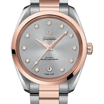 Omega Seamaster Aqua Terra 150M Co-Axial Master Chronometer Ladies Watch - 38 mm Steel And Sedna Gold Case - Glossy Rhodium-Grey Diamond Dial - 220.20.38.20.56.002