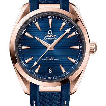 Omega Seamaster Aqua Terra 150M Co-Axial Master Chronometer Watch - 41 mm Sedna Gold Case - Blue Dial - Blue Rubber Strap - 220.52.41.21.03.001