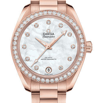 Omega Seamaster Aqua Terra 150M Co-Axial Master Chronometer Watch - 34 mm Sedna Gold Case - Diamond-Set Bezel - White Mother-Of-Pearl Diamond Dial - 220.55.34.20.55.001