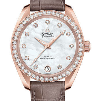 Omega Seamaster Aqua Terra 150M Co-Axial Master Chronometer Watch - 34 mm Sedna Gold Case - Diamond-Set Bezel - White Mother-Of-Pearl Diamond Dial - Taupe-Brown Leather Strap - 220.58.34.20.55.001