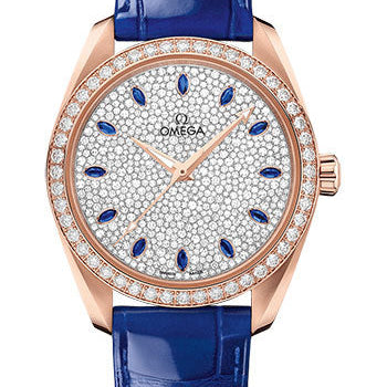 Omega Seamaster Aqua Terra 150M Omega Co-Axial Master Chronometer Ladies' - 38 mm Sedna Gold Case - Diamond Bezel - White Diamond Paved Sapphire Dial - Glossy Blue Leather Strap - 220.58.38.20.99.002