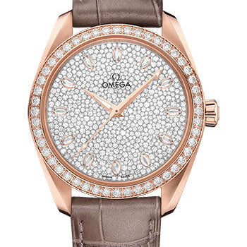 Omega Seamaster Aqua Terra 150M Co-Axial Master Chronometer Ladies Watch - 38 mm Sedna Gold Case - Diamond-Set Bezel - Radiant Diamond Dial - Taupe-Brown Leather Strap - 220.58.38.20.99.003