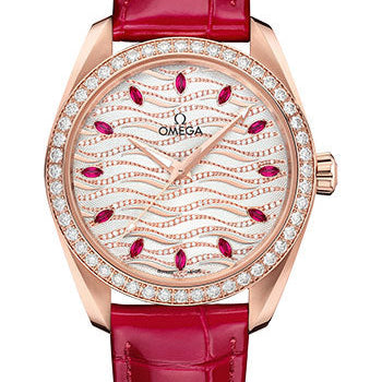 Omega Seamaster Aqua Terra 150M Co-Axial Master Chronometer Ladies' Watch - 38 mm Sedna Gold Case - Radiant Wave Pattern Diamond Dial - Glossy Red Leather Strap - 220.58.38.20.99.004