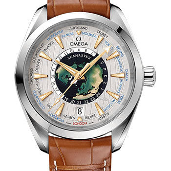 Omega Seamaster Aqua Terra 150M Omega Co-Axial Master Chronometer GMT Worldtimer - 43 mm Platinum Case - Grey Dial - Brown Leather Strap Limited Edition of 87 - 220.93.43.22.99.001