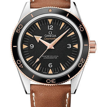 Omega Seamaster 300 Omega Master Co-Axial Watch - 41 mm Steel Case - Sedna Gold Unidirectional Bezel - Black Dial - Brown Leather Strap - 233.22.41.21.01.002