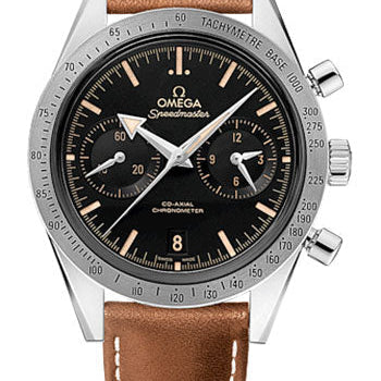 Omega Speedmaster '57 Omega Co-Axial Chronograph Watch - 41.5 mm Steel Case - Brushed Bezel - Black Dial - Brown Leather Strap - 331.12.42.51.01.002