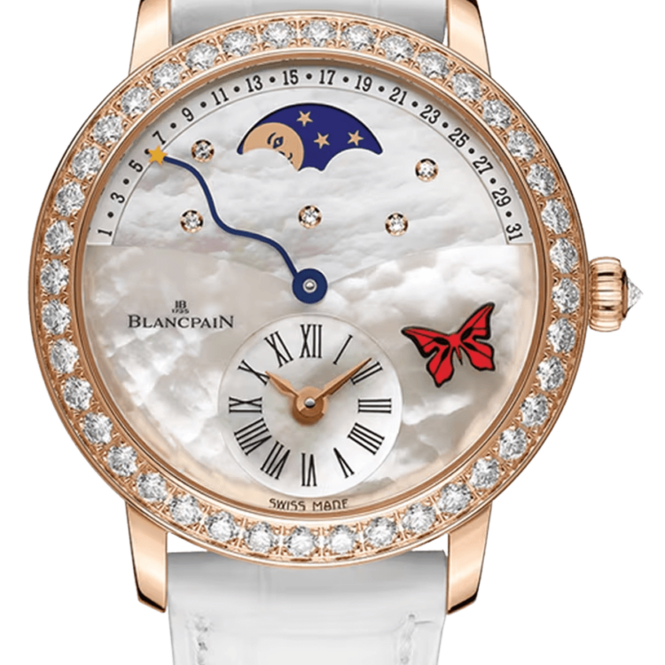 Blancpain Ladybird Quantieme Retrograde White Ostrich Diamond Ladies Watch - 3653A 2954 58CB