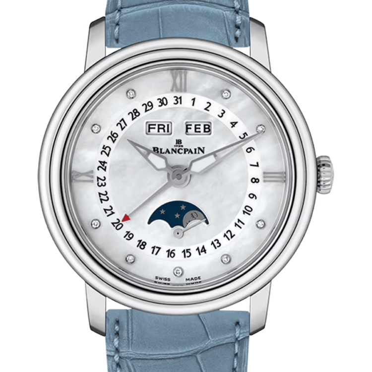 Blancpain Ladybird Quantieme Complet Blue Alligator Mother of Pearl Ladies Watch - 3663 1154 95A