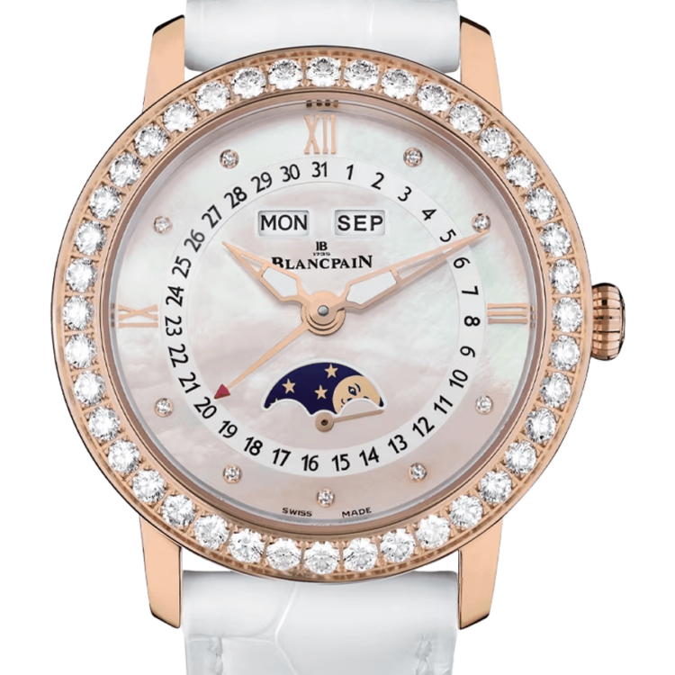 Blancpain Ladybird Quantieme Complet Red Gold Diamond White Alligator Ladies Watch - 3663 2954 55B