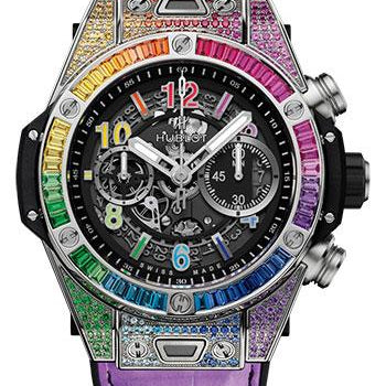 Hublot Big Bang Unico Titanium Rainbow Watch - 45 mm - Black Skeleton Dial - Black Rubber and Multicolored Leather Strap-411.NX.1117.LR.0999