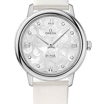 Omega De Ville Prestige Quartz Watch - 32.7 mm Steel Case - Silver Dial - White Satin-Brushed Leather Strap - 424.12.33.60.52.001
