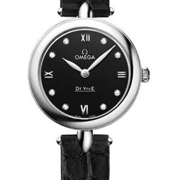 Omega De Ville Prestige Quartz Dewdrop Watch - 27.4 mm Steel Case - Black Dial - Leather Strap - 424.13.27.60.51.001