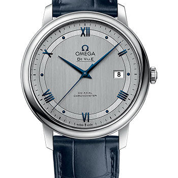 Omega De Ville Prestige Co-Axial Watch - 39.5 mm Steel Case - Rhodium-Silvery Dial - Blue Leather Strap - 424.13.40.20.02.003