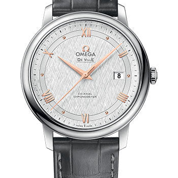 Omega De Ville Prestige Co-Axial Watch - 39.5 mm Steel Case - White Silvery Dial - Grey Leather Strap - 424.13.40.20.02.005