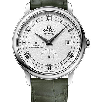 Omega De Ville Prestige Co-Axial Power Reserve Watch - 39.5 mm Steel Case - White Silvery Dial - Hunter Green Leather Strap - 424.13.40.21.02.004