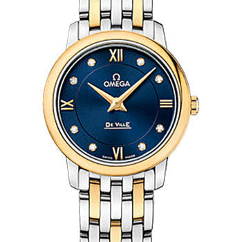 Omega De Ville Prestige Quartz Watch - 27.4 mm Steel Case - 18K Yellow Gold Bezel - Blue Diamond Dial - Yellow Gold-Steel Bracelet - 424.20.27.60.53.002