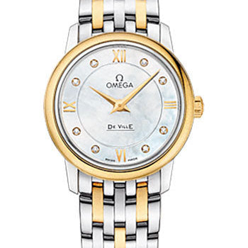 Omega De Ville Prestige Quartz Watch - 27.4 mm Steel Case - Yellow Gold Bezel - Mother-Of-Pearl Diamond Dial - Yellow Gold Bracelet - 424.20.27.60.55.001