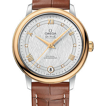 Omega De Ville Prestige Co-Axial Watch - 32.7 mm Steel And Yellow Gold Case - White Silvery Dial - Light Brown Leather Strap - 424.23.33.20.52.001