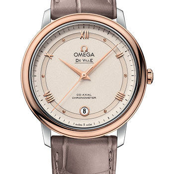 Omega De Ville Prestige Co-Axial Watch - 36.8 mm Steel And Red Gold Case - Varnished Shimmer Ivory-Beige Dial - Taupe-Brown Leather Strap - 424.23.37.20.09.001