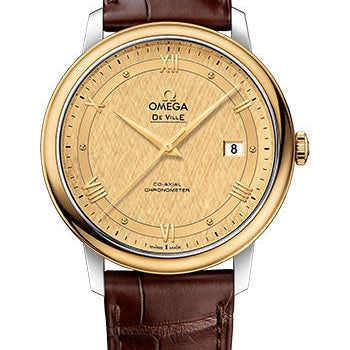 Omega De Ville Prestige Co-Axial Watch - 39.5 mm Steel And Yellow Gold Case - Champagne Dial - Brown Leather Strap - 424.23.40.20.08.001