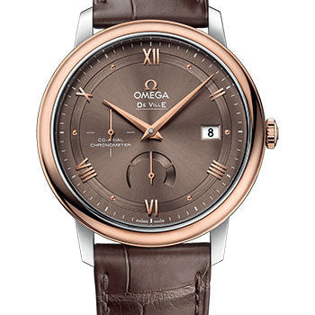 Omega De Ville Prestige Co-Axial Power Reserve Watch - 39.5 mm Steel And Red Gold Case - Chestnut Dial - Brown Leather Strap - 424.23.40.21.13.001