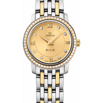 Omega De Ville Prestige Quartz Watch - 24.4 mm Steel And Yellow Gold Case - Diamond Bezel - Champagne Diamond Dial - 424.25.24.60.58.001