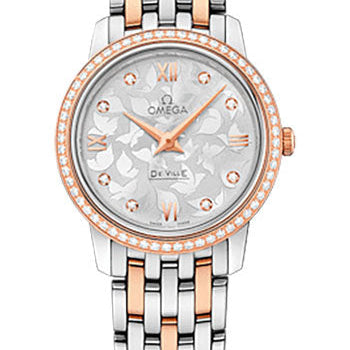 Omega De Ville Prestige Quartz Watch - 27.4 mm Steel And Red Gold Case - Diamond-Set Red Gold Bezel - Silver Diamond Dial - 424.25.27.60.52.001