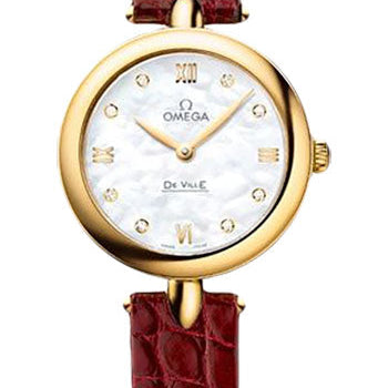 Omega De Ville Prestige Quartz Dewdrop Watch - 27.4 mm Yellow Gold Case - Mother-Of-Pearl Dial - Red Leather Strap - 424.53.27.60.55.001