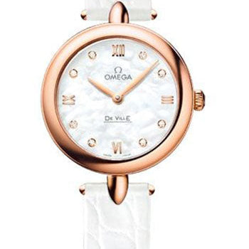 Omega De Ville Prestige Quartz Dewdrop Watch - 27.4 mm Red Gold Case - Mother-Of-Pearl Dial - White Leather Strap - 424.53.27.60.55.002