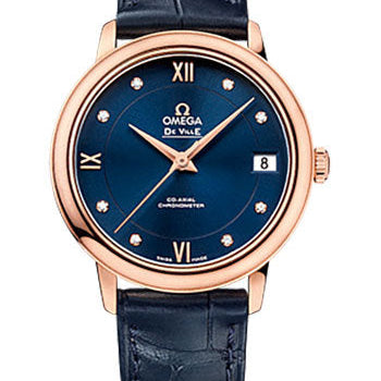 Omega De Ville Prestige Co-Axial Watch - 32.7 mm 18K Red Gold Case - Blue Diamond Dial - Blue Leather Strap - 424.53.33.20.53.001